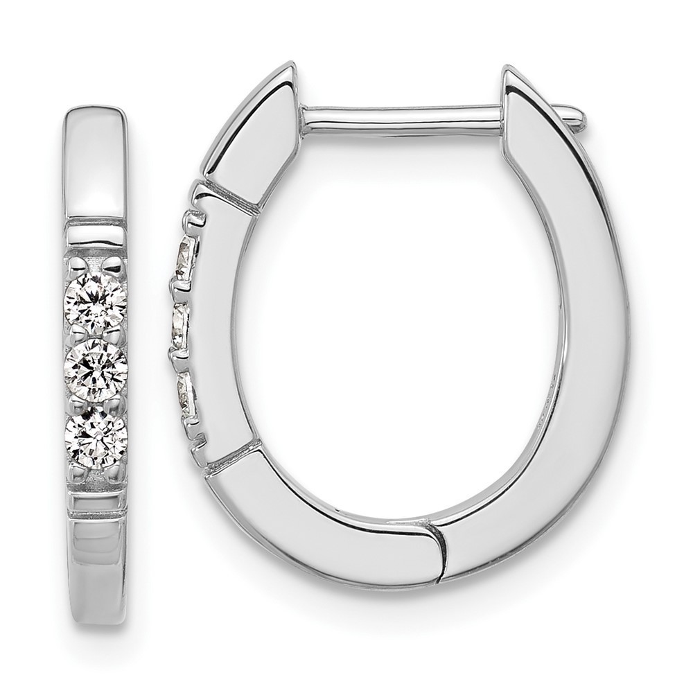 925 Sterling Silver Rh-Plated Polished And Grooved Cz Oval Hinged Hoop Earrings
